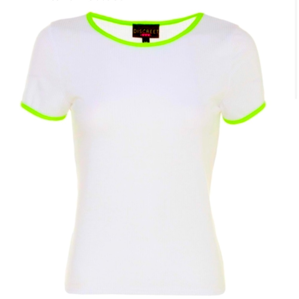 NWT Discreet Women’s Contrast Ringer Gauze Neon Sleeve Tee Shirt